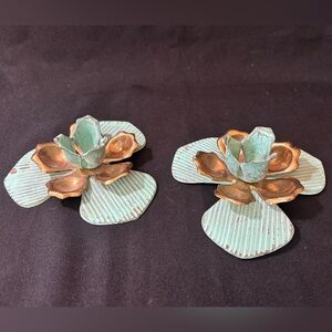 Vintage Brass & Verdigris Lotus Flower Candle Holders